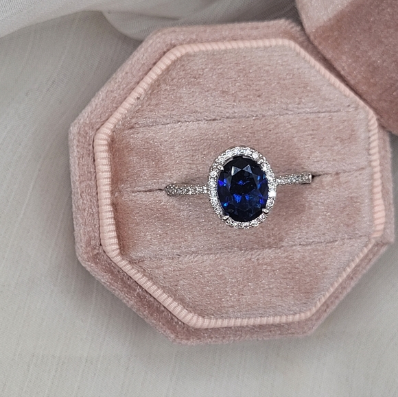 Elegant Oval Blue Sapphire Halo Ring in Sterling Silver - Picture 1 of 8